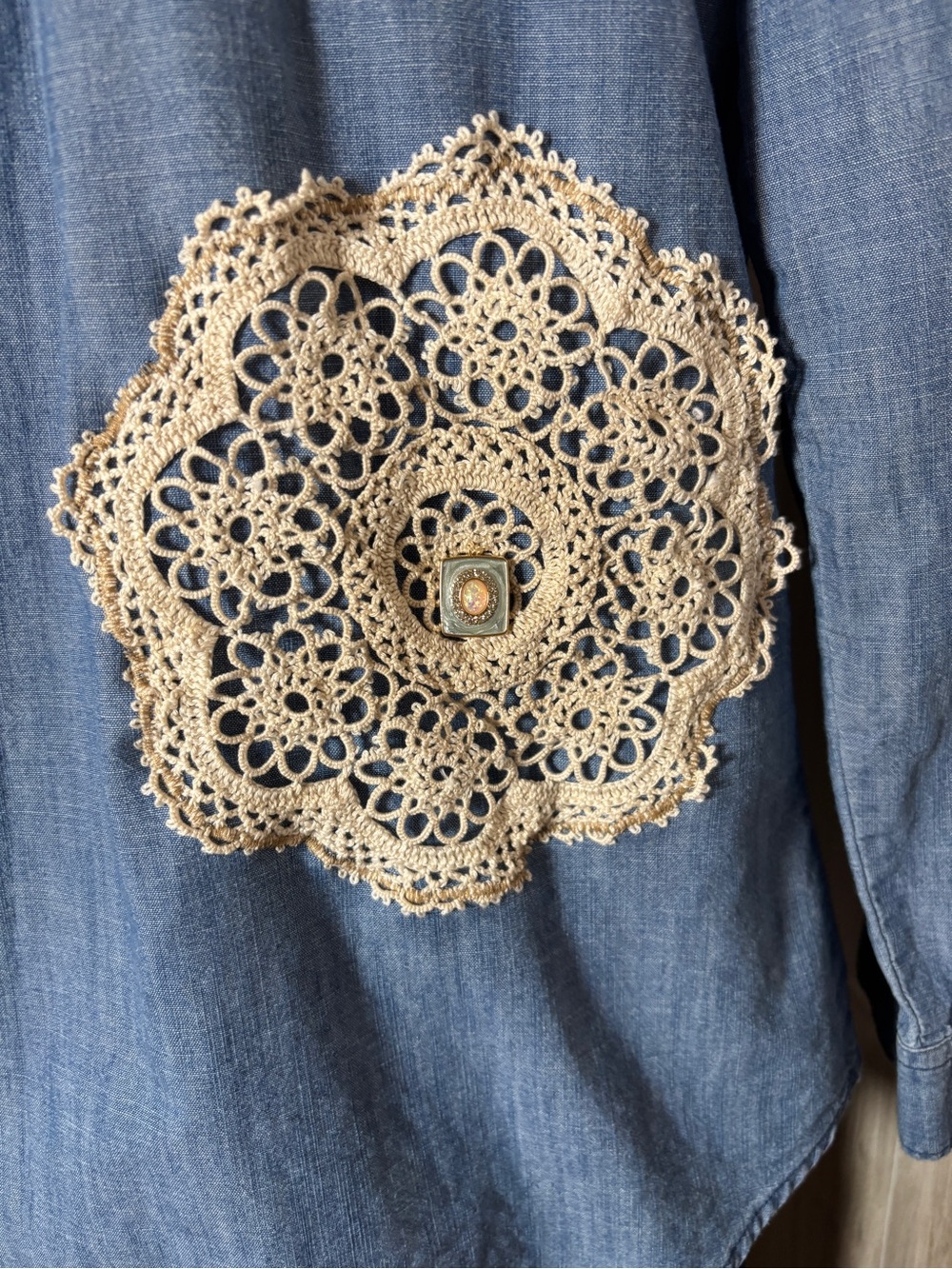 Upcycled Old Navy Button-Up Shirt  Boho Cottagecore Patchwork Lace - Picture 6 of 12